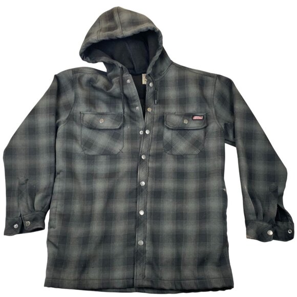 Genuine Dickies Mens Shirt Jacket Medium Hooded Snap Flannel Outdoor Gray Plaid - Picture 1 of 10
